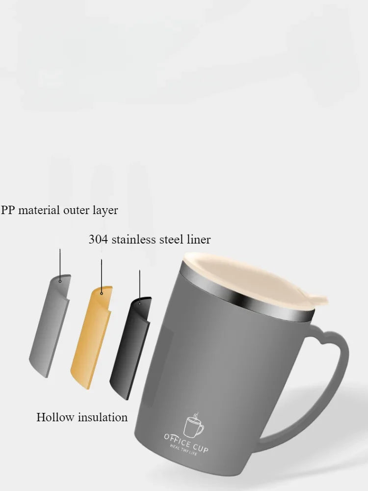 A gray insulated travel mug with a handle, showing its PP material outer layer and 304 stainless steel inner liner.