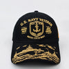 Svart militärmössa med broderad US Navy Veteran-emblem och silhuett av ett fartyg.