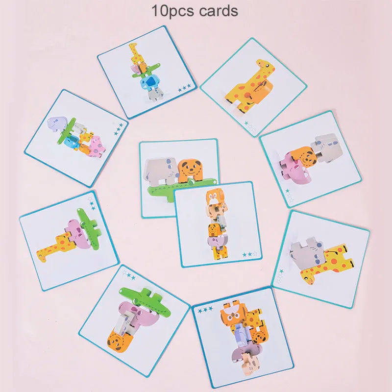 Ten pieces of wooden animal stacking blocks and shape matching cards featuring various colorful animals.