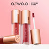 Three tubes of O.TWO.O lip tint in shades of red and pink with a brush shown next to them.