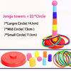 Jenga towers with 21 circles including large, mid, and small rings for a kids game