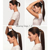 Four steps demonstrating how to install a wrap-around clip-in ponytail extension for women