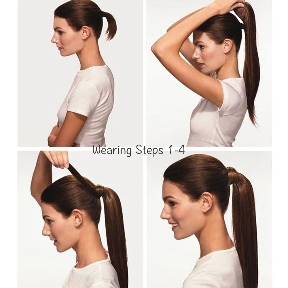 Four steps demonstrating how to install a wrap-around clip-in ponytail extension for women