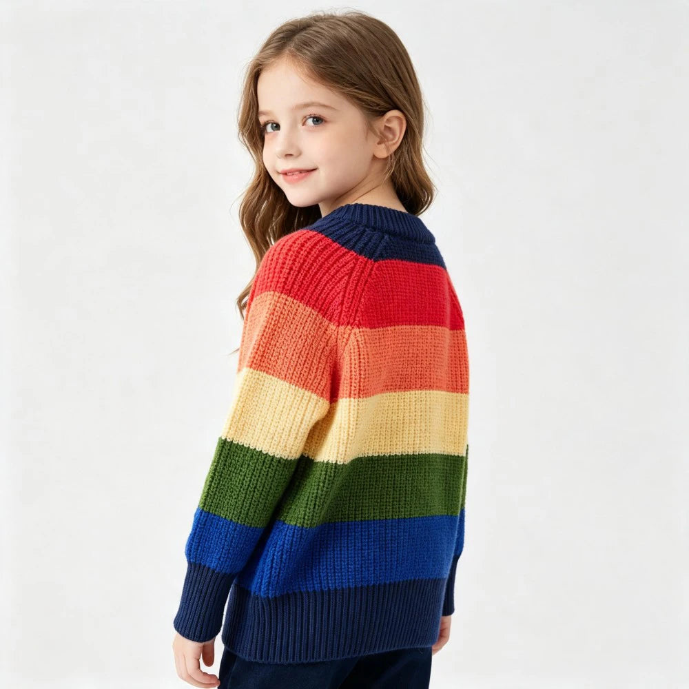 A young girl models a colorful rainbow striped knit sweater with long sleeves against a white background.