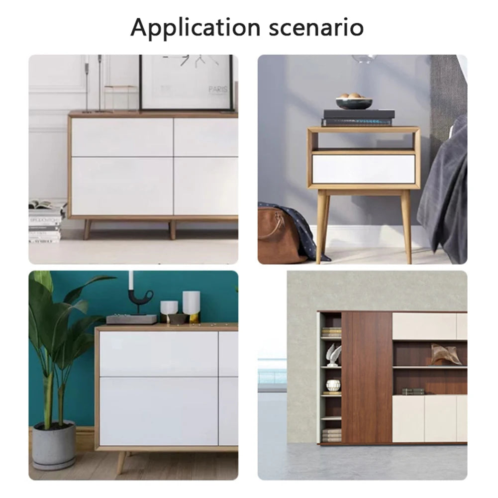 Application scenarios showing a keyless IC card smart drawer lock on various wooden cabinets and furniture.