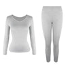 A set of light gray women's thermal underwear, including a long-sleeved top and matching full-length pants.