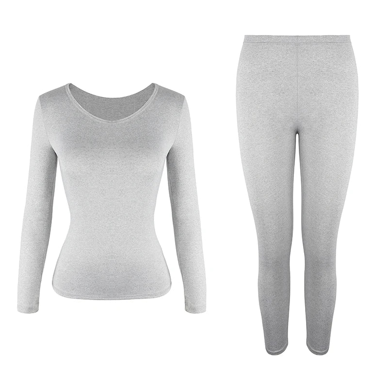A set of light gray women's thermal underwear, including a long-sleeved top and matching full-length pants.