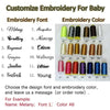 A guide showing embroidery fonts and colors for customizing a baby knit cotton blanket