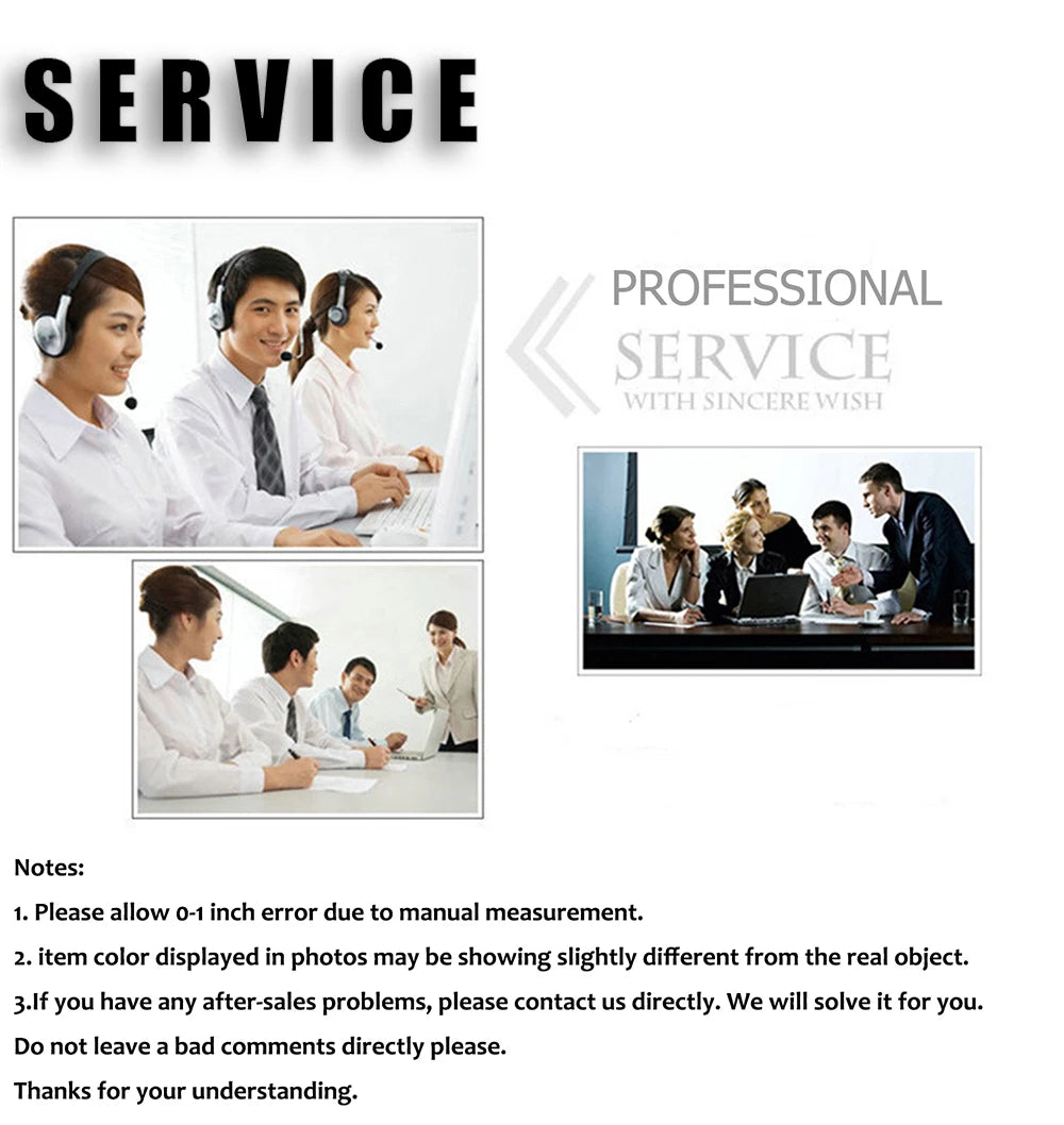 A professional service graphic showing people assisting with a product, including close-ups of staff members and a table lamp
