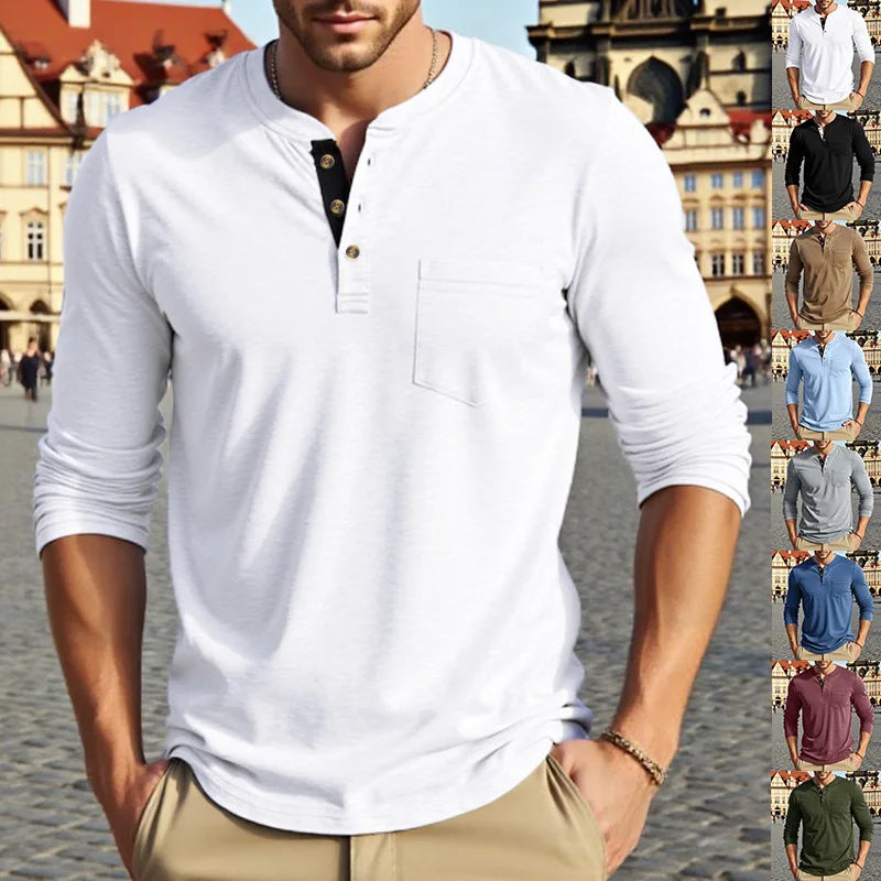 A man models a white long-sleeve casual shirt with a chest pocket and collar against an urban background.