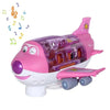 A pink electric airplane toy featuring lights and music, designed for interactive play.