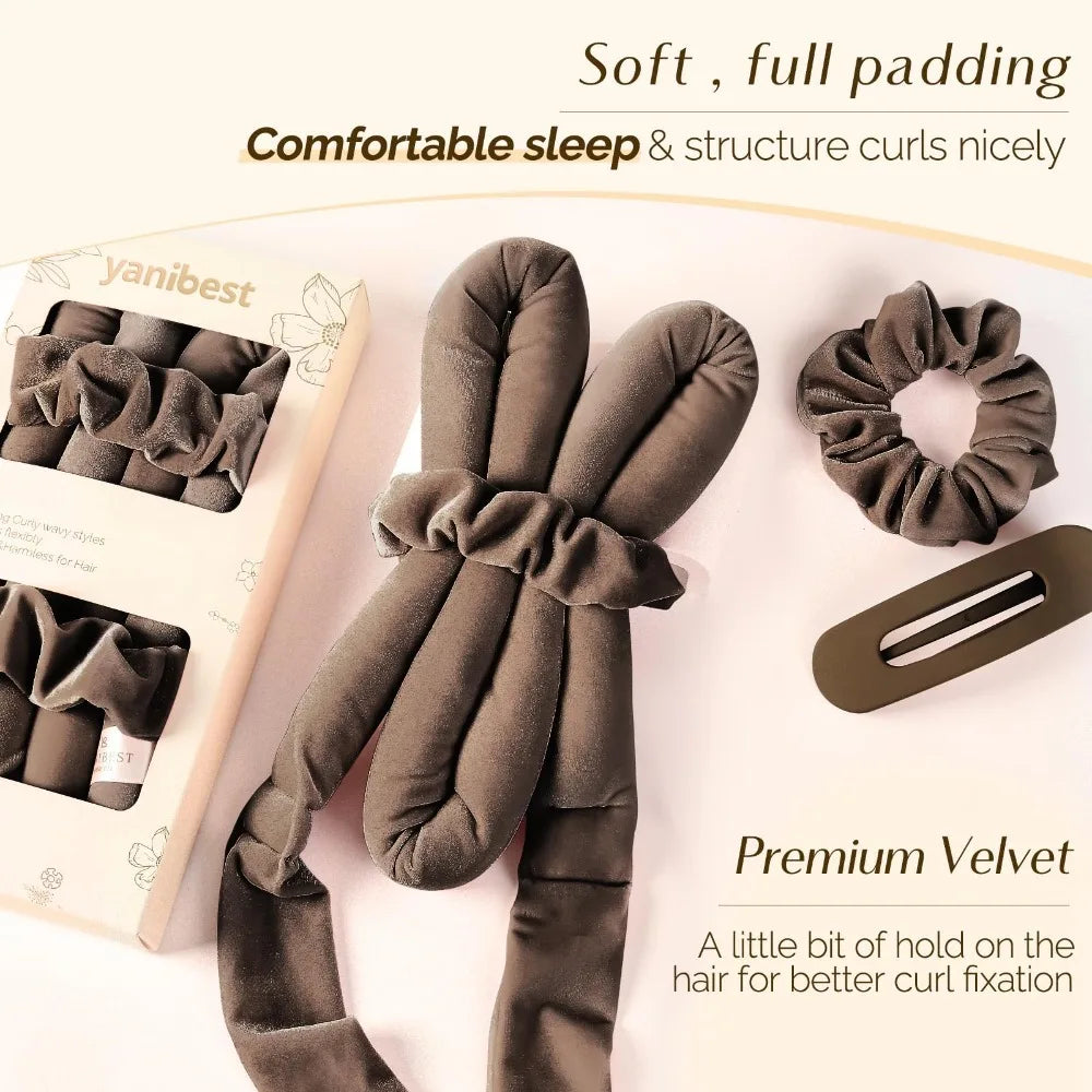 A dark brown velvet heatless overnight curling headband with a satin finish is shown next to a hair ring.