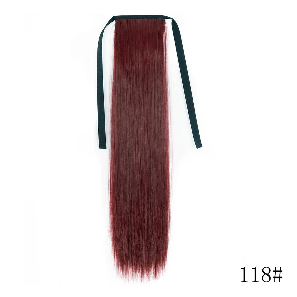 A long, dark reddish-brown hair extension in a straight style attached to a black clip-in ponytail extension.