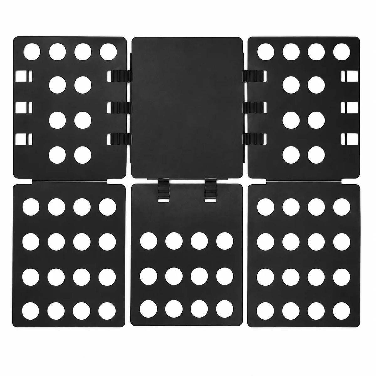 A black clothes folding board with multiple slots for organizing laundry and clothing.