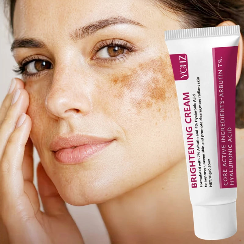 A tube of Brightening Cream with Arbutin, Hyaluronic Acid & Niacinamide is shown next to a woman's face.