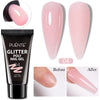 Flacon de vernis à ongles Puente Glitter Poly Nail Gel avec échantillons de résultats avant/après.