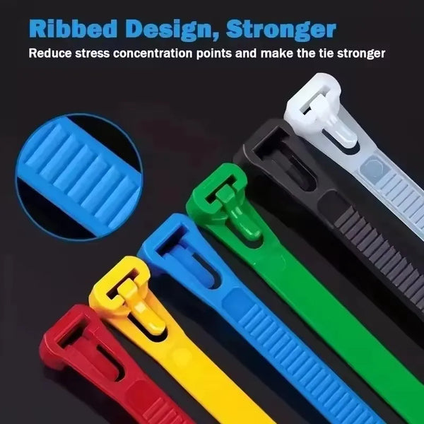Various colored reusable nylon cord ties demonstrating a ribbed design for stronger cable management.