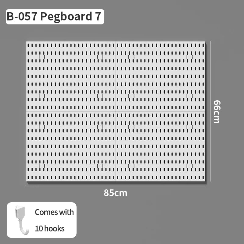 Pegboard 7 panel measuring 85cm by 66cm that comes with 10 hooks