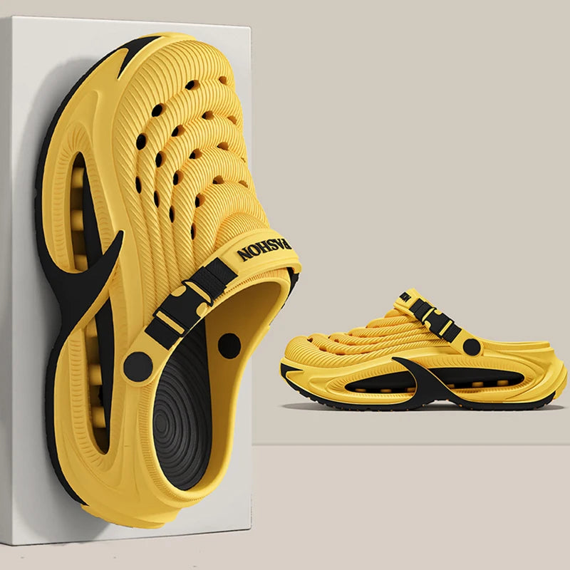 A yellow men's EVA slip-on sandal with a cushioned platform sole shown in a side view.