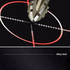 Close-up view of a serrated drill bit tip against a dark background with intersecting red and white lines.