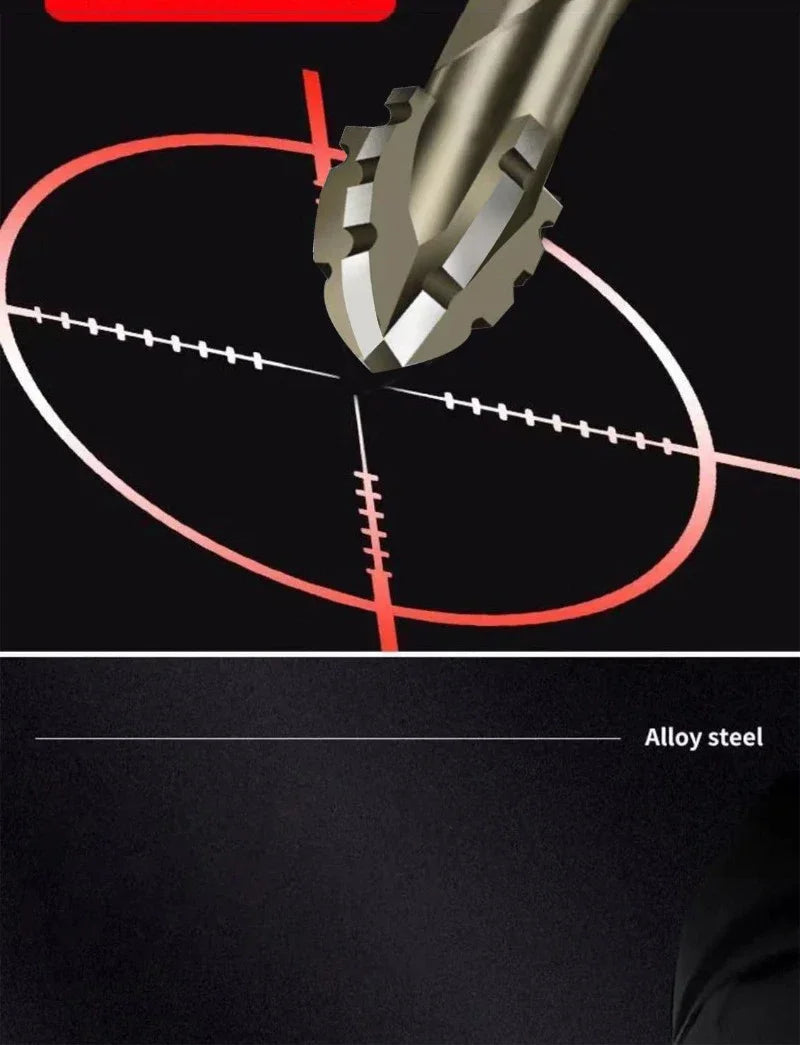 Close-up view of a serrated drill bit tip against a dark background with intersecting red and white lines.