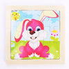 A wooden jigsaw puzzle featuring a pink rabbit character with large ears and white fur against a light blue background.
