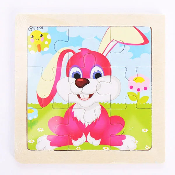 A wooden jigsaw puzzle featuring a pink rabbit character with large ears and white fur against a light blue background.