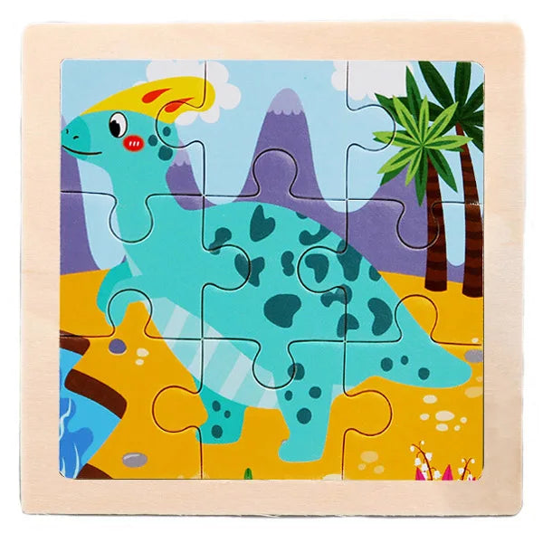 A wooden jigsaw puzzle featuring a blue dinosaur with green spots against a yellow background.