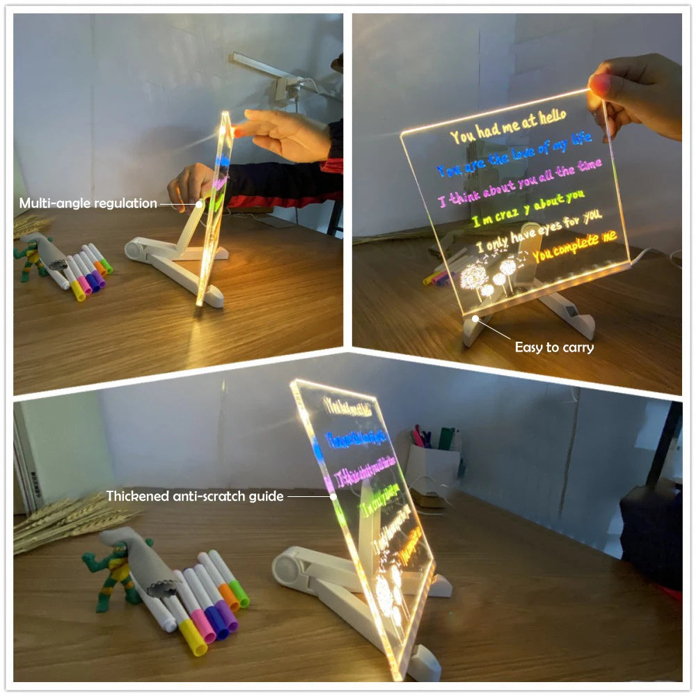 An LED glowing message board is shown with various colored pens, demonstrating multi-angle regulation and ease of carrying.