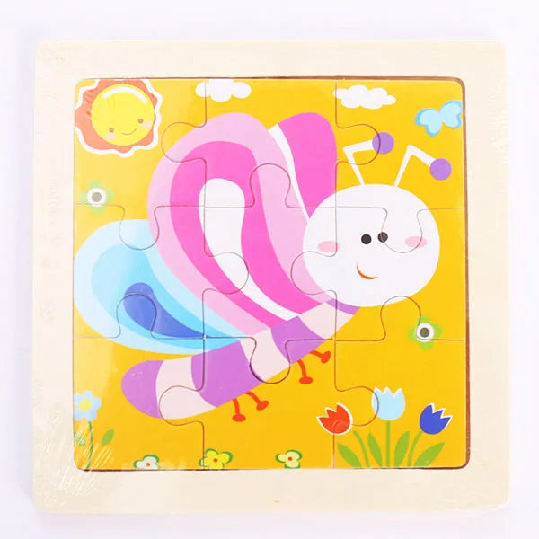 A yellow wooden puzzle featuring a pink and white stylized bee or insect design with purple accents.