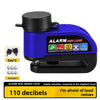 A blue alarm disc brake lock device with a black cap and handle, showing features like a 110 decibel alarm.