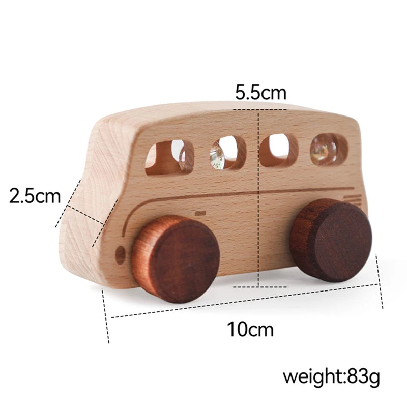 A light wooden toy cart with round wheels and window cutouts, measuring 5.5cm long and weighing 83g.