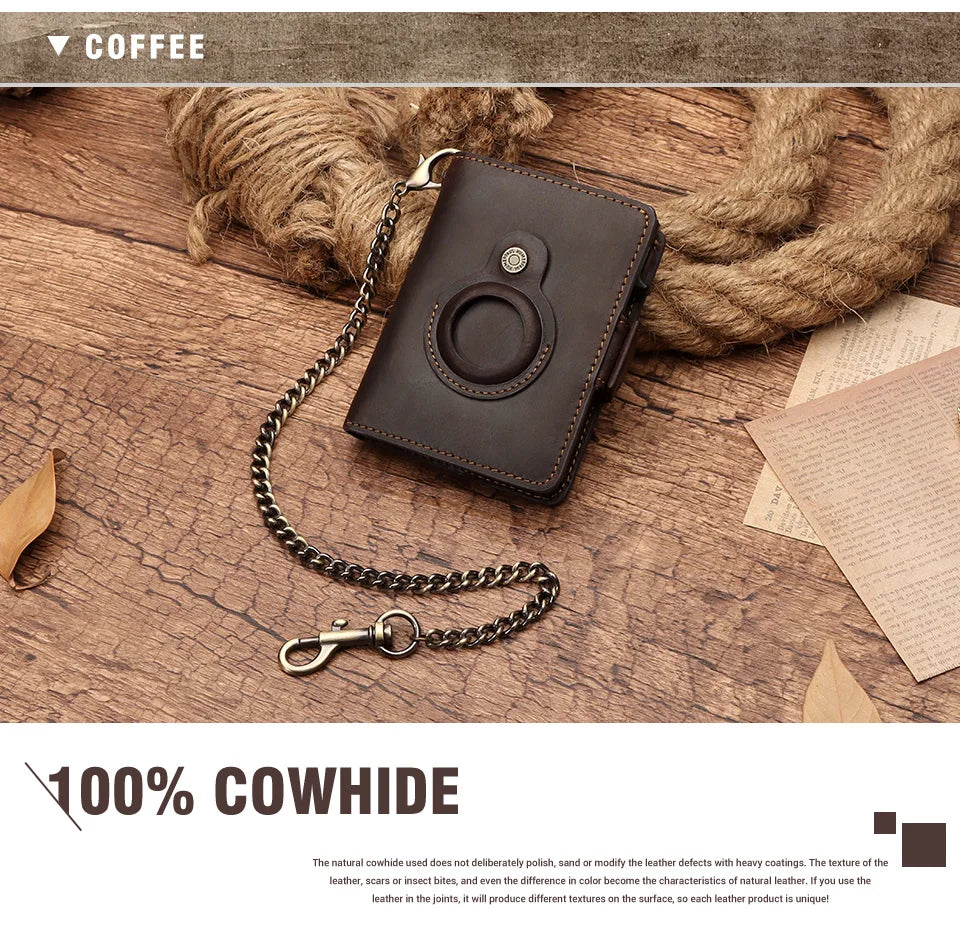 A dark brown Crazy Horse leather smart wallet with a chain strap is displayed on a wooden surface.