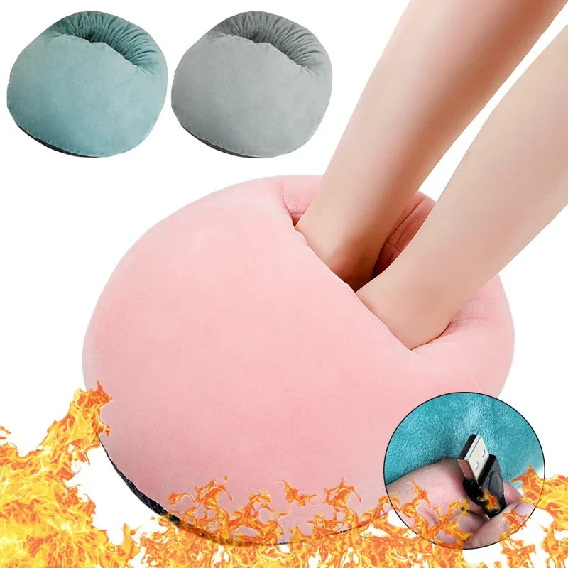 A pink foot warmer device is shown with a soft fleece cover and glowing orange flames in the background.