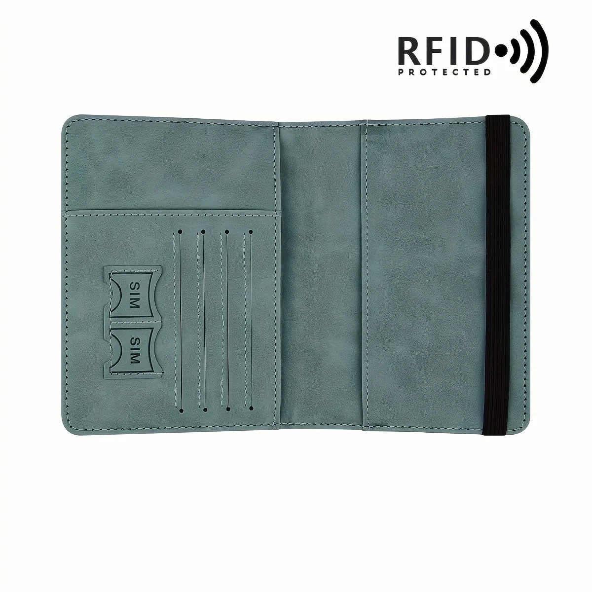 حافظة جوازات سفر جلدية رمادية مع فتحات لبطاقات SIM والبطاقات، بتصميم محمي بتقنية RFID.