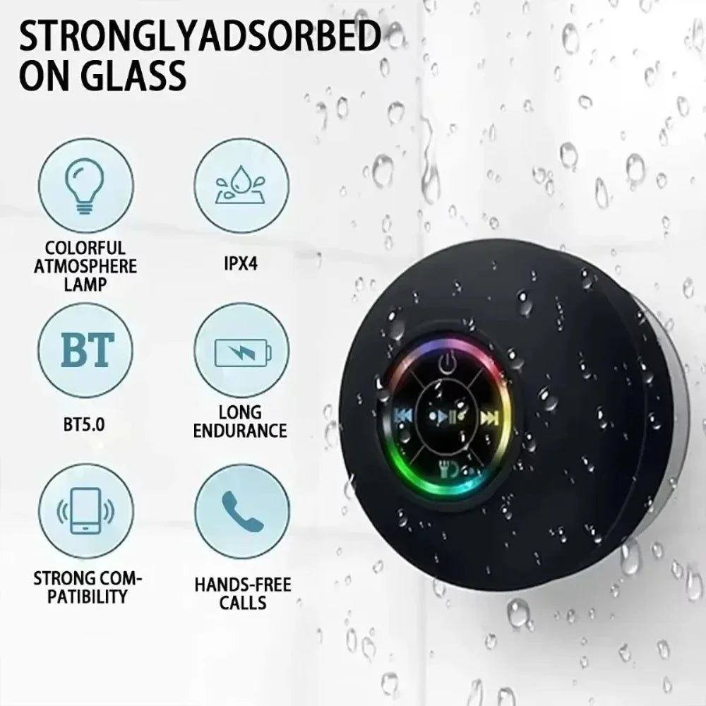 A black waterproof Bluetooth speaker is shown with features like IPX4 rating, long endurance, and strong compatibility, mount