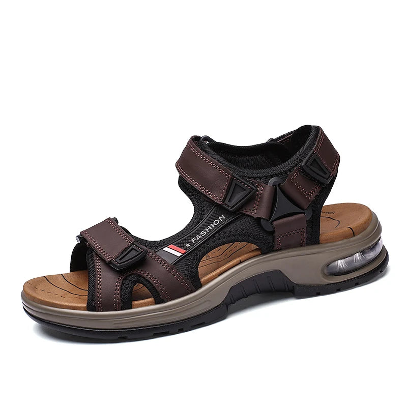 A pair of brown men's genuine leather air cushion sandals with dark straps and a light tan sole.