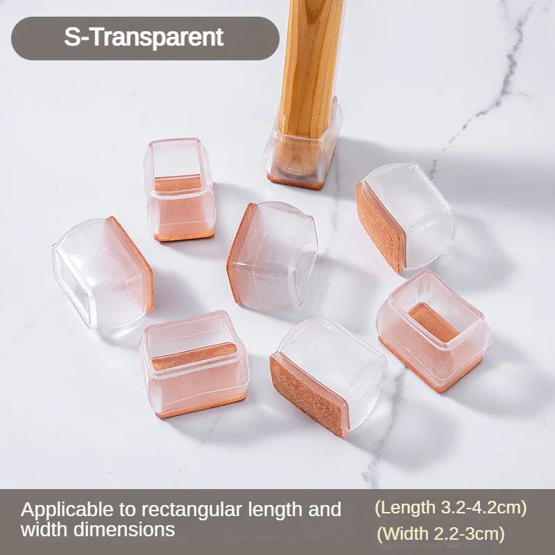 S-transparent silicone furniture leg pads with felt bottoms for scratch protection, available in various rectangular dimensio