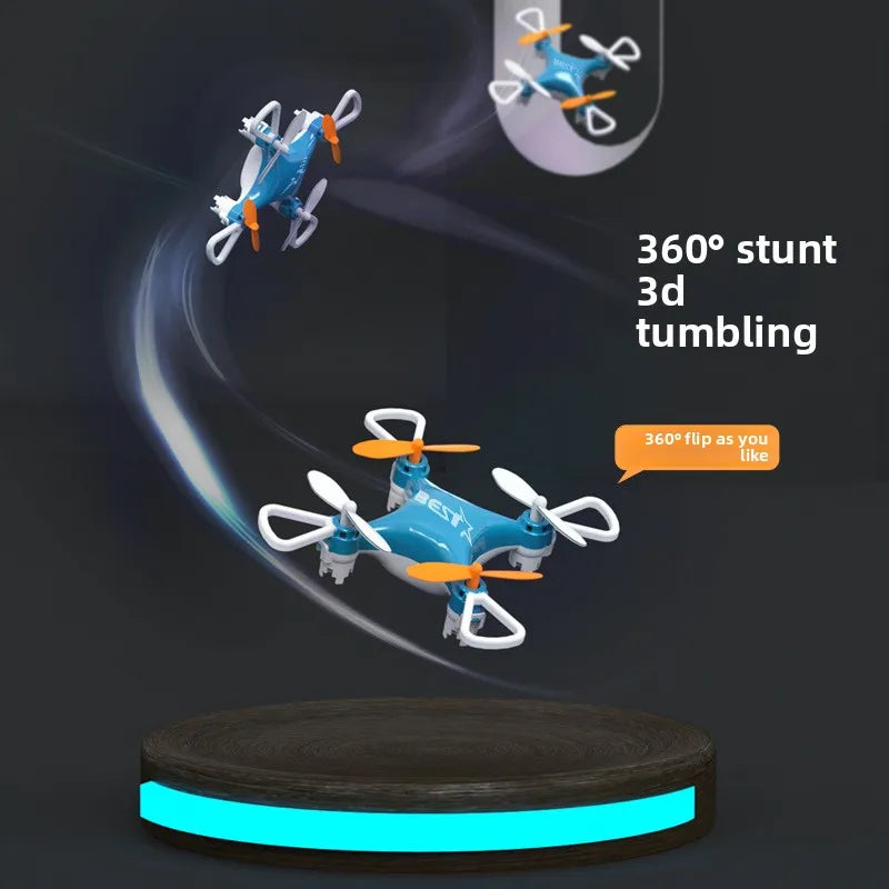 A blue mini pocket drone is shown in flight, demonstrating 360 degree stunt tumbling.