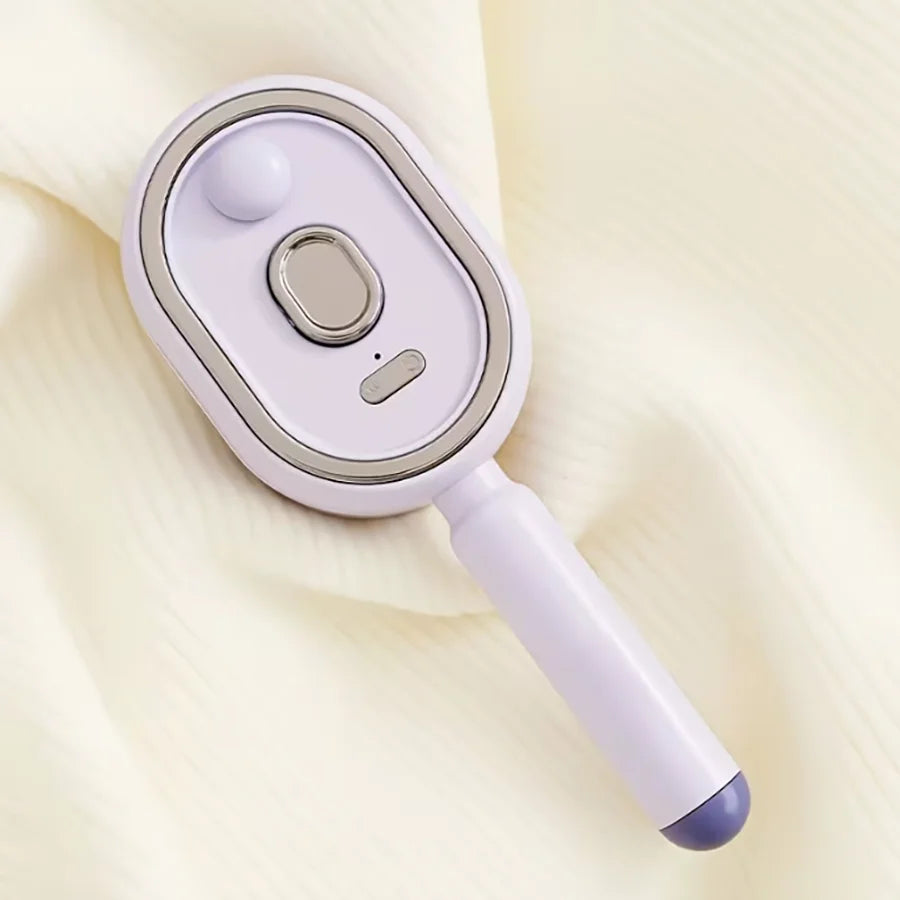A light purple ionic steam hair brush with a smooth body and a silicone tip is shown against a cream-colored fabric.