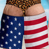 Men's quick-dry swim trunks featuring a patriotic American flag print with stars and stripes.