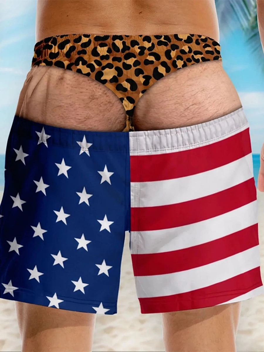 Men's quick-dry swim trunks featuring a patriotic American flag print with stars and stripes.