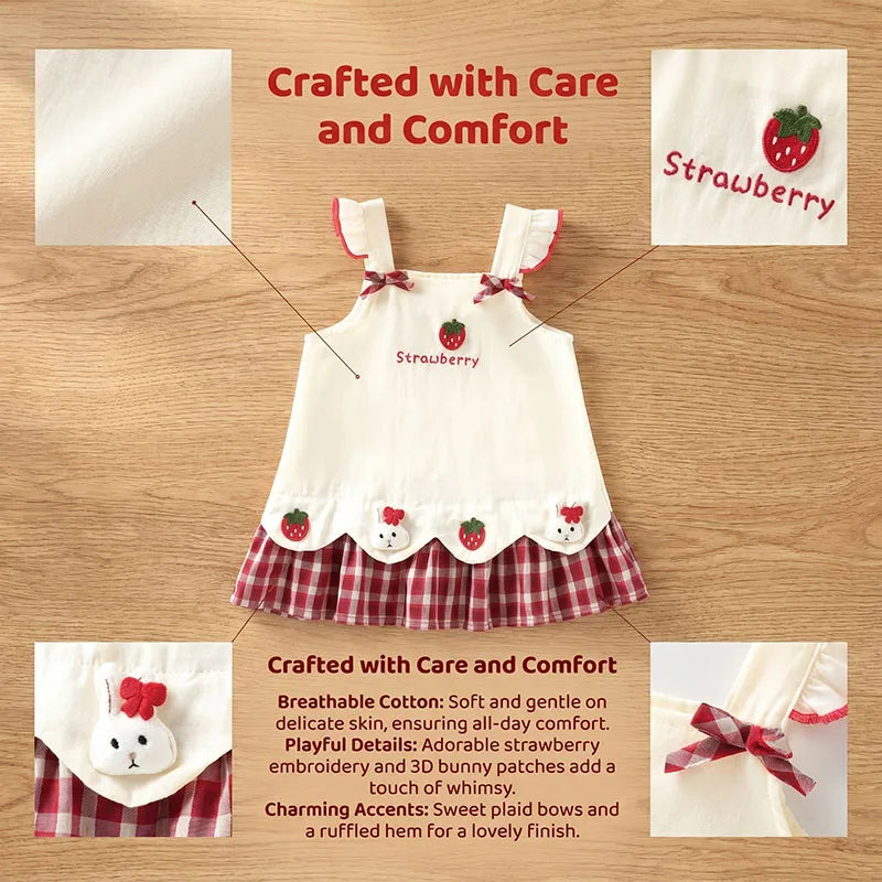 A white kids summer pinafore dress with strawberry and bunny embroidery on the bodice and a red plaid skirt.