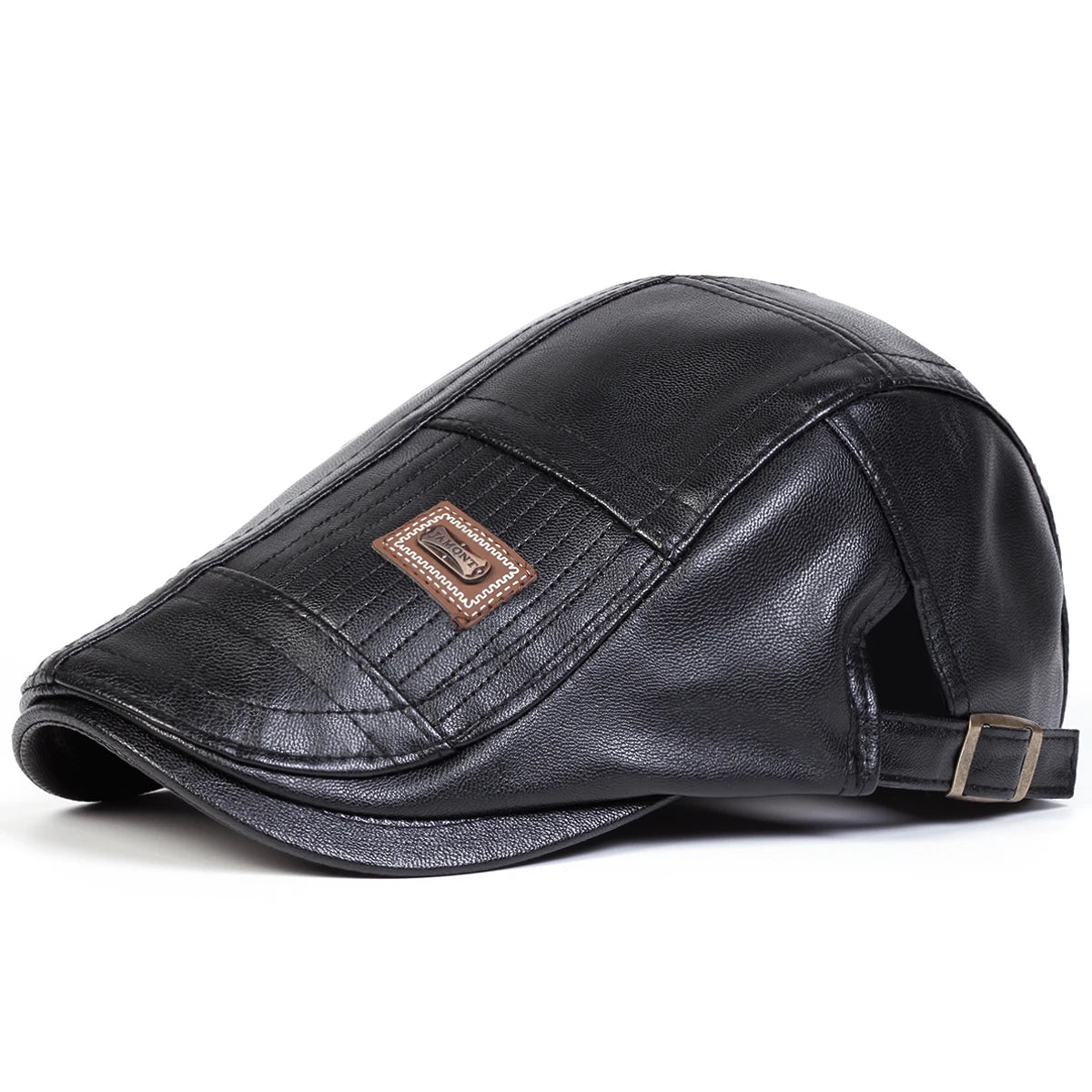 Black men's retro faux leather newsboy cap with a decorative square patch
