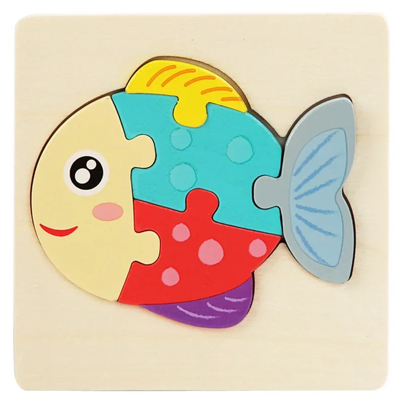 A wooden jigsaw puzzle shaped like a colorful fish with yellow, blue, red, and purple pieces.