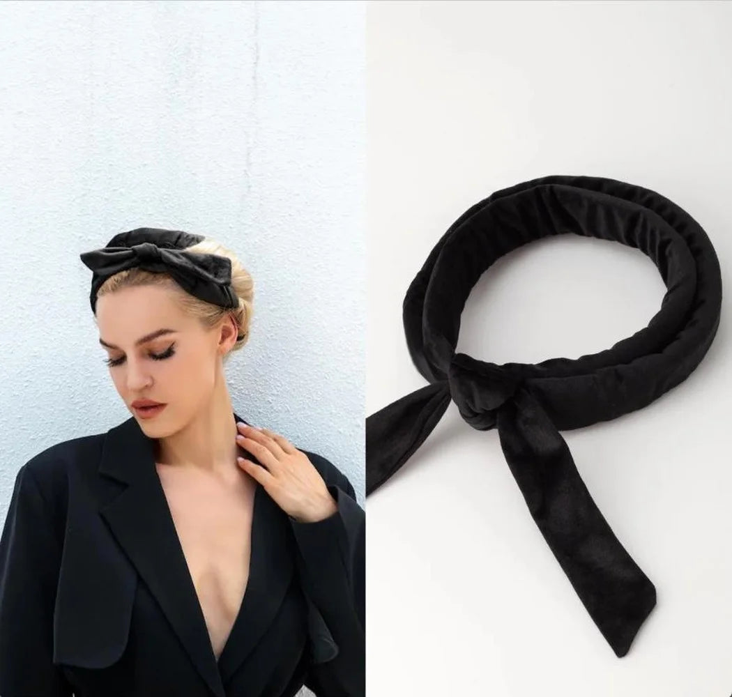 Black velvet heatless curling rod headband tied in a bow for overnight waves