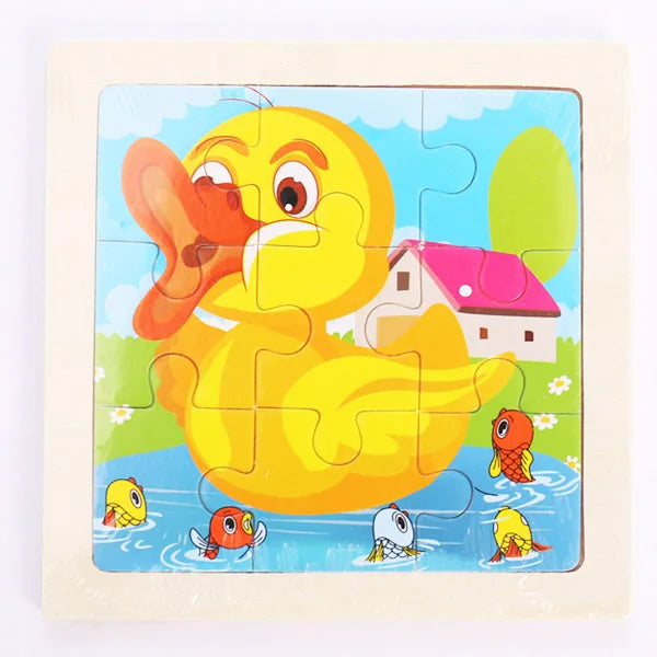 A jigsaw puzzle featuring a yellow cartoon duckling and a pink house in a blue landscape.