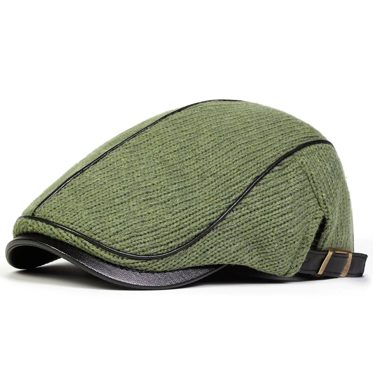 A olive green knit newsboy cap with a dark trim and adjustable side buckle.