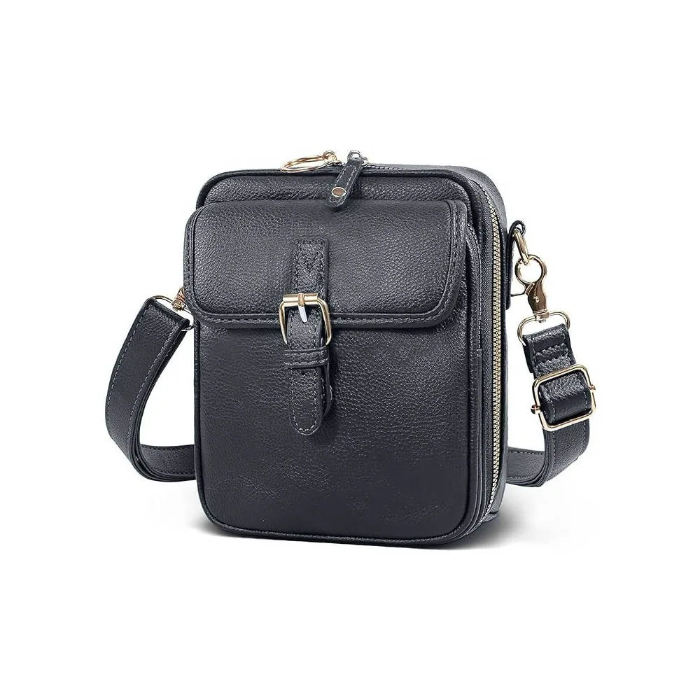 A dark navy vegan leather messenger bag with a gold-toned buckle and adjustable strap.