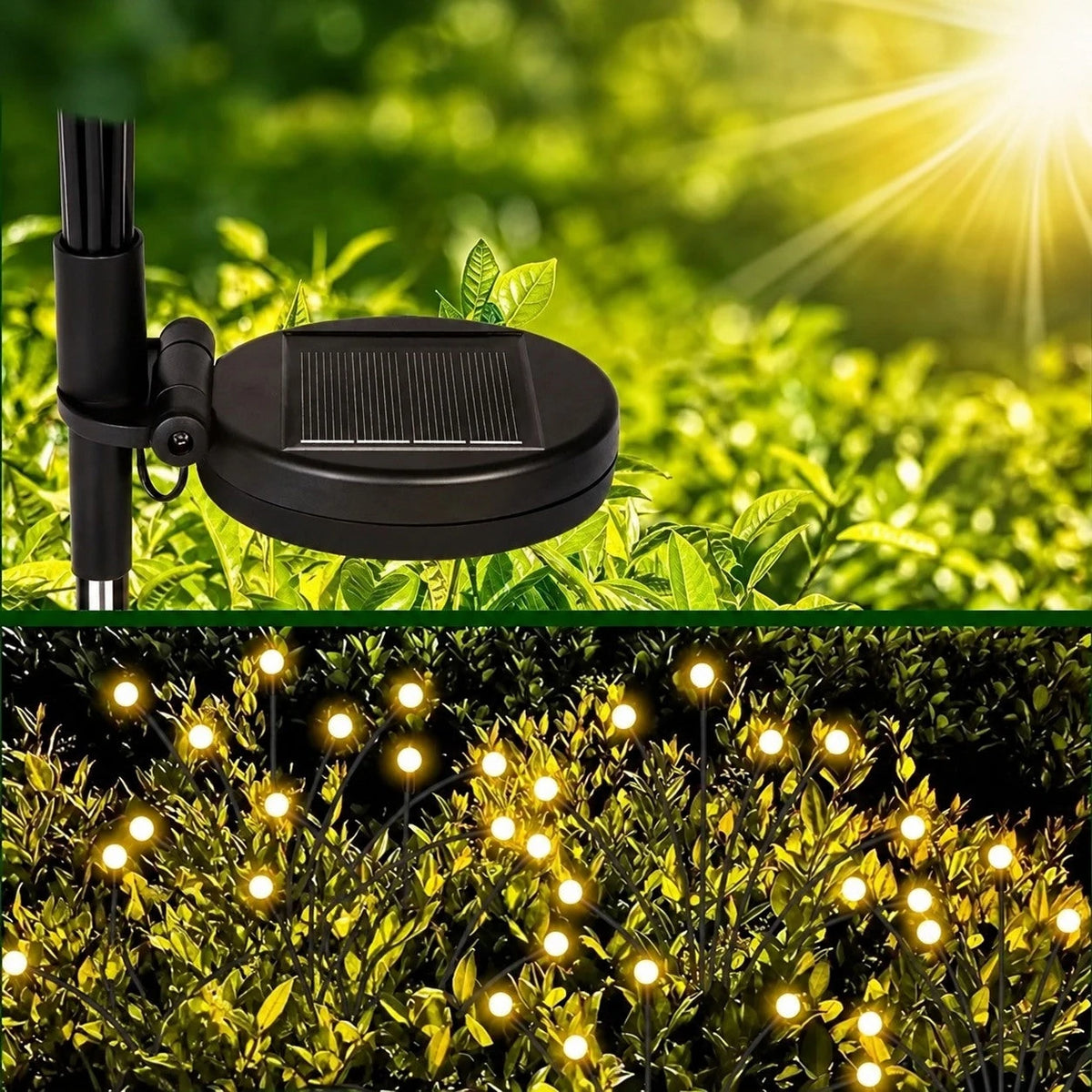 Integrated solar panel detail and warm-white garden lights at night